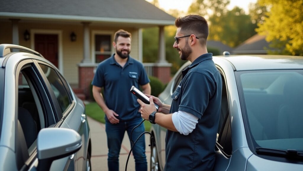 Mobile mechanic replacing a dead car battery in Fort Worth driveway.